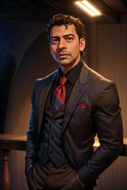 Custom A.I. art of a man in a suit with a red tie, showcasing personalized digital design.