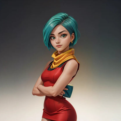 Custom anime art in Dragon Ball Z style featuring a green-haired character in red dress.