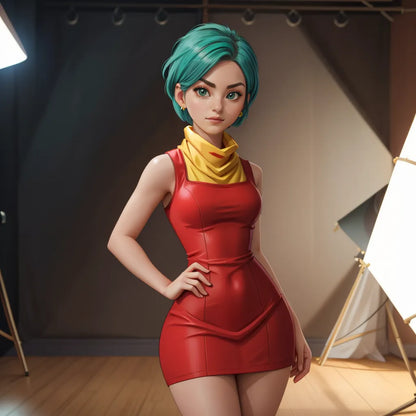 Custom anime art in Dragon Ball Z style, showcasing a female character with teal hair in a red outfit, created for personalized digital decor and social media use.