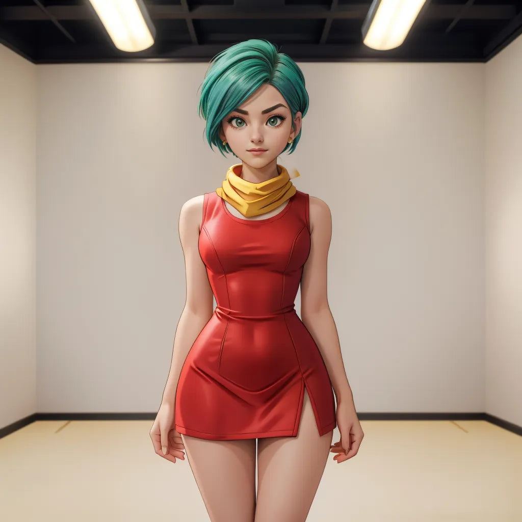 Custom anime art in Dragon Ball Z style with a girl in a red dress and teal hair.