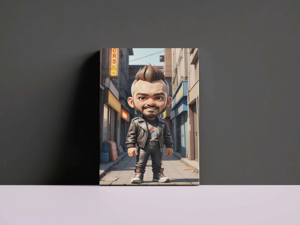 Anime-style custom doll art with a big head and small body, displayed on a canvas.