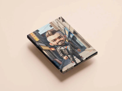 Custom doll-like A.I. art canvas featuring unique anime character with big head and small body.