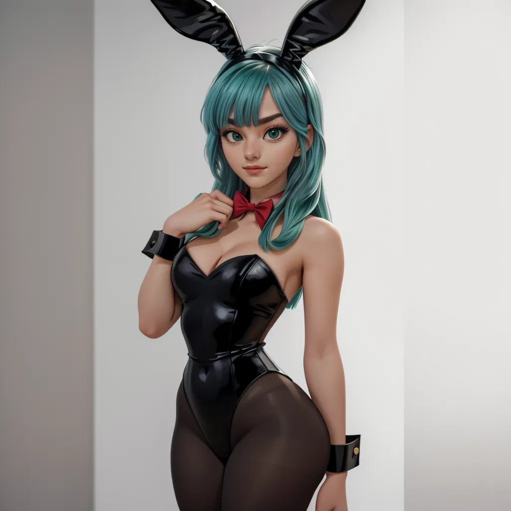 Custom anime A.I. art in Dragon Ball Z style featuring a female character with turquoise hair in a black outfit and bunny ears.