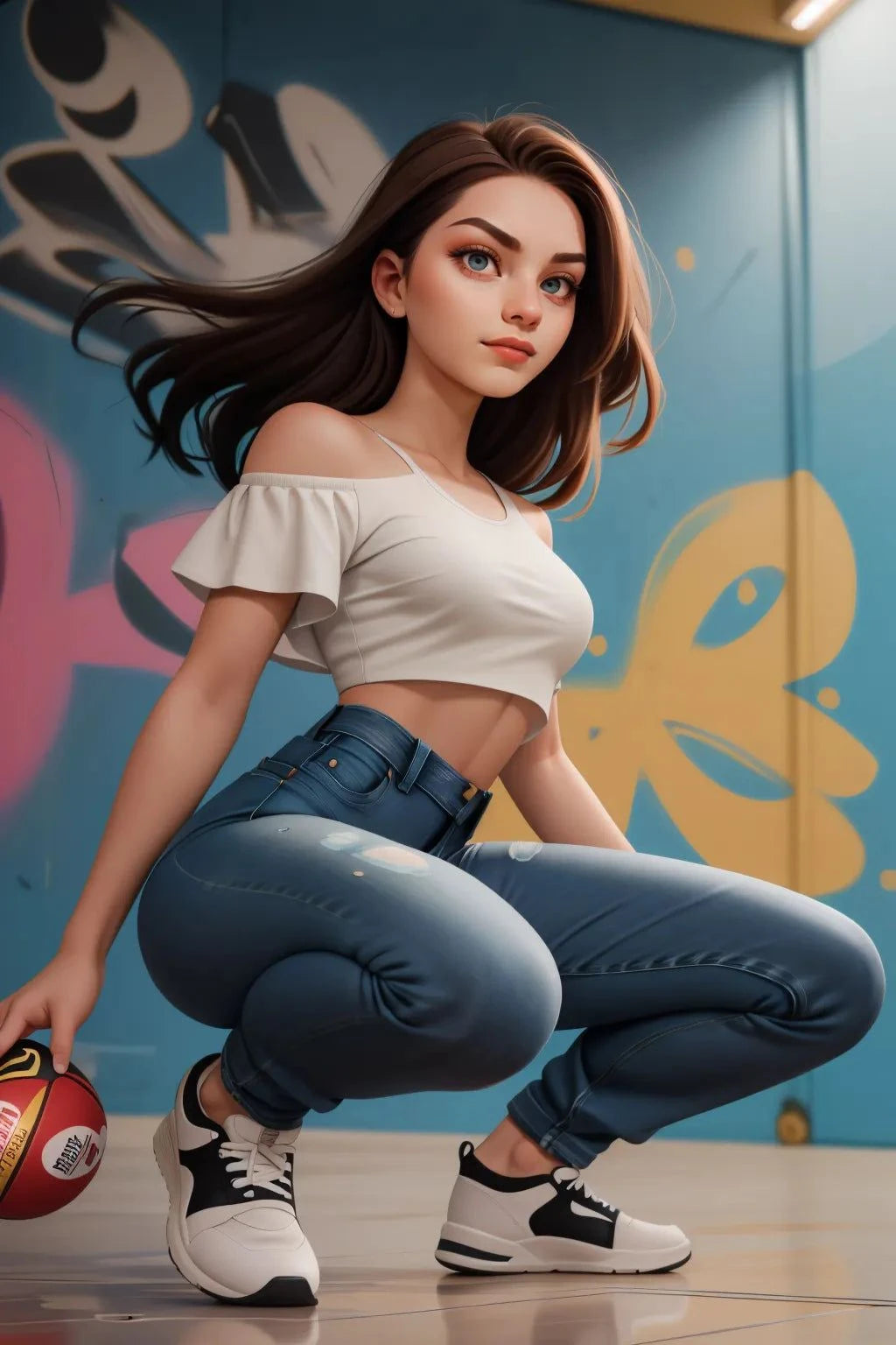 custom AI art of a model posing in denim jeans with urban graffiti background