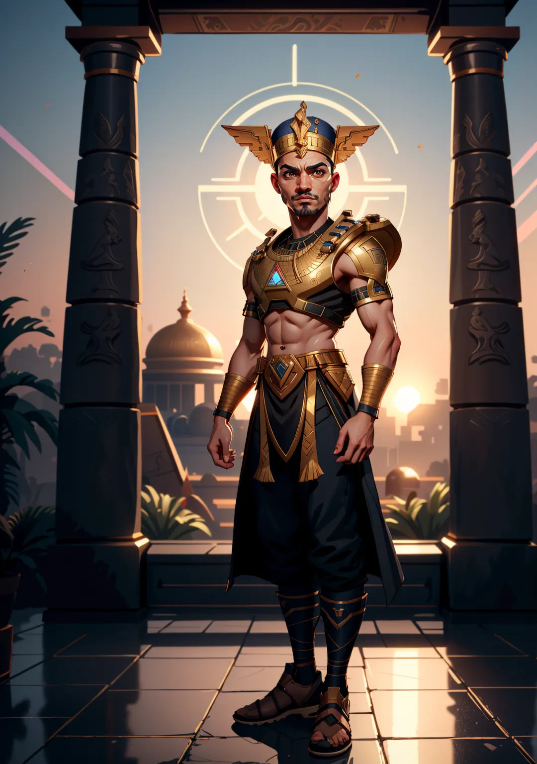 Pharaoh-themed A.I. art showcasing a man in regal Egyptian attire, featuring a golden crown and hieroglyphic background.