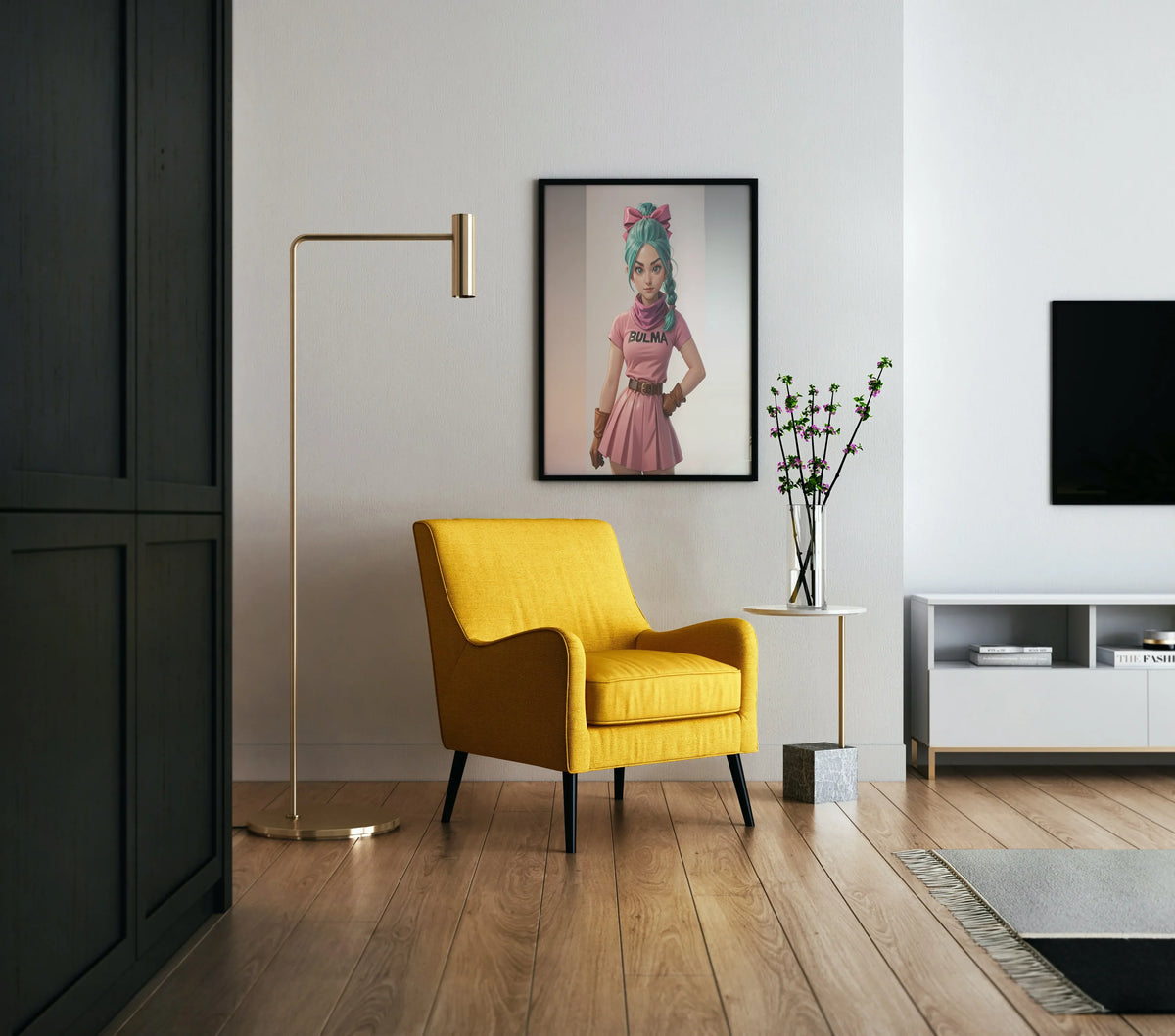 Yellow chair in a modern living room with anime art on the wall.