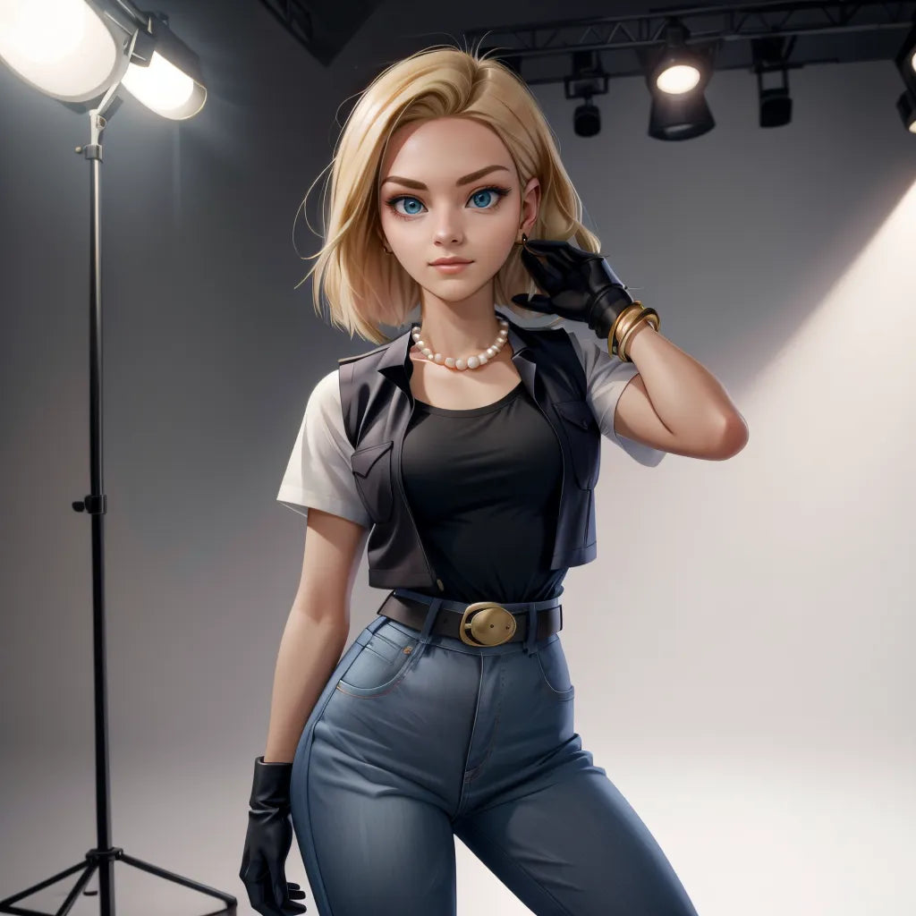 Custom Anime A.I. Art in Dragon Ball Z Style, digital artwork of a blonde woman in a studio setting.