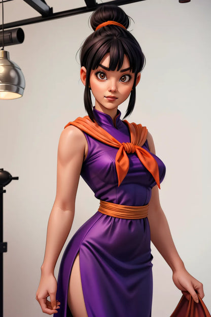 A.I. generated anime art featuring a woman in a purple dress, showcasing custom Dragon Ball Z style.