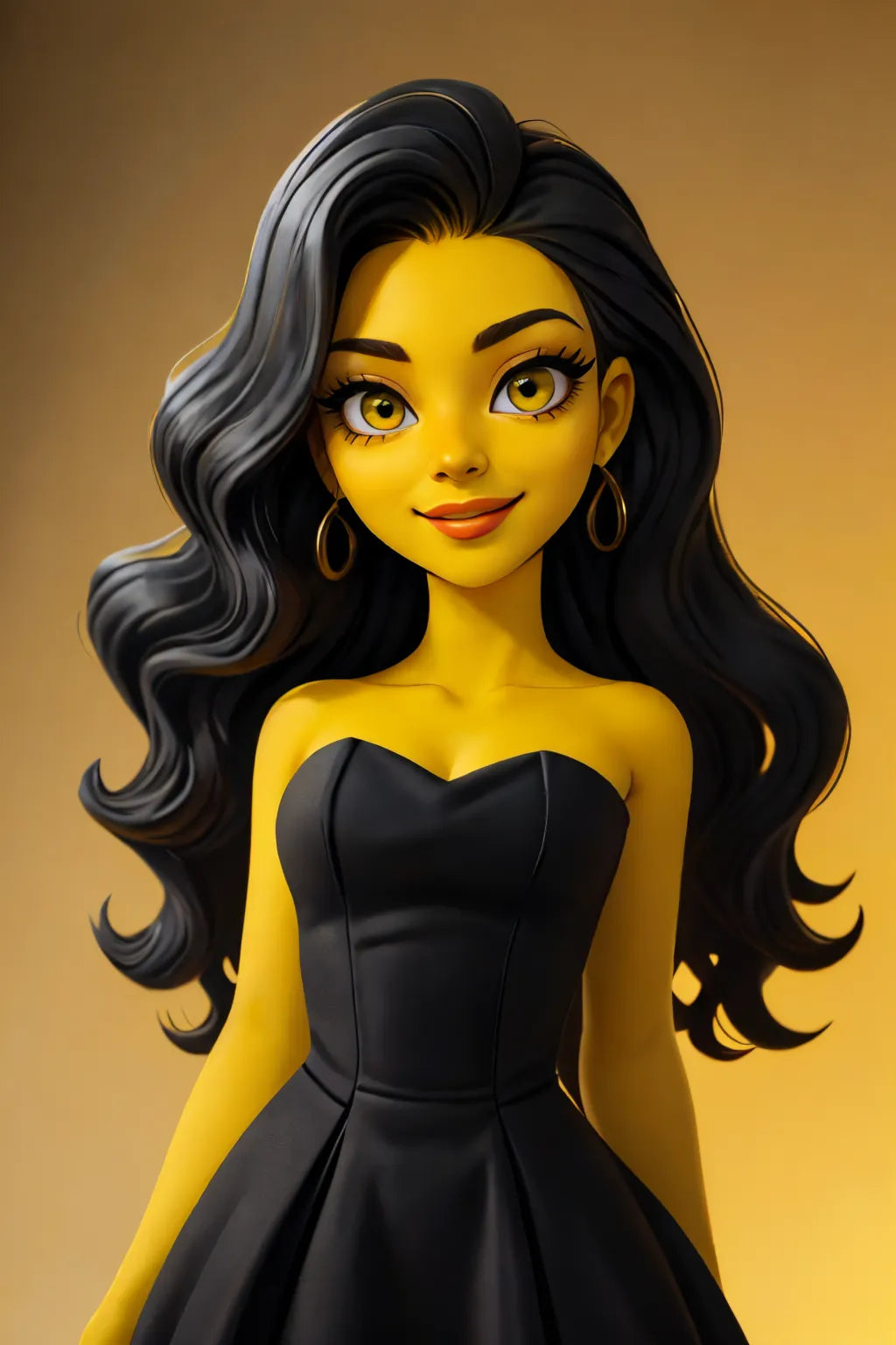 Custom Anime A.I. Art of a woman inspired by The Simpsons style with long black hair and a black dress.
