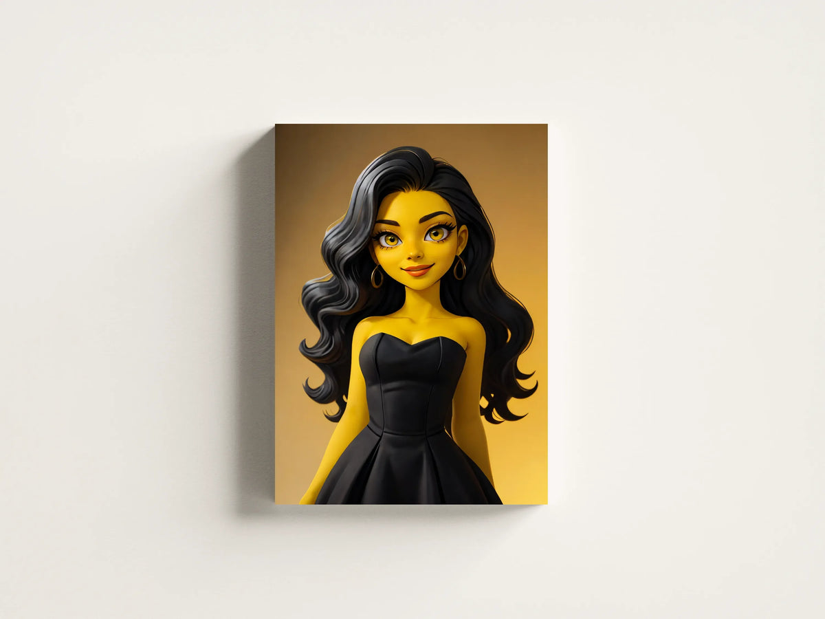 Custom Anime A.I. Art portrait with yellow-skinned character, black dress, and long wavy hair on canvas.