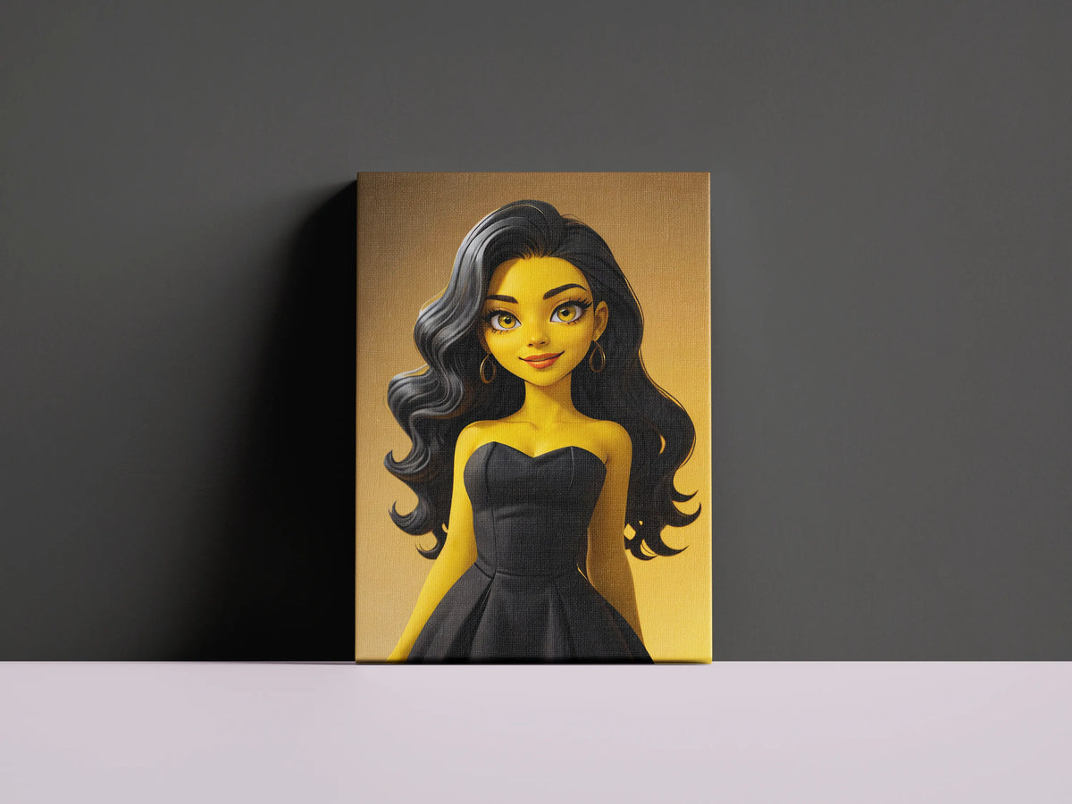 Custom anime A.I. art on canvas featuring a stylish character in black dress.