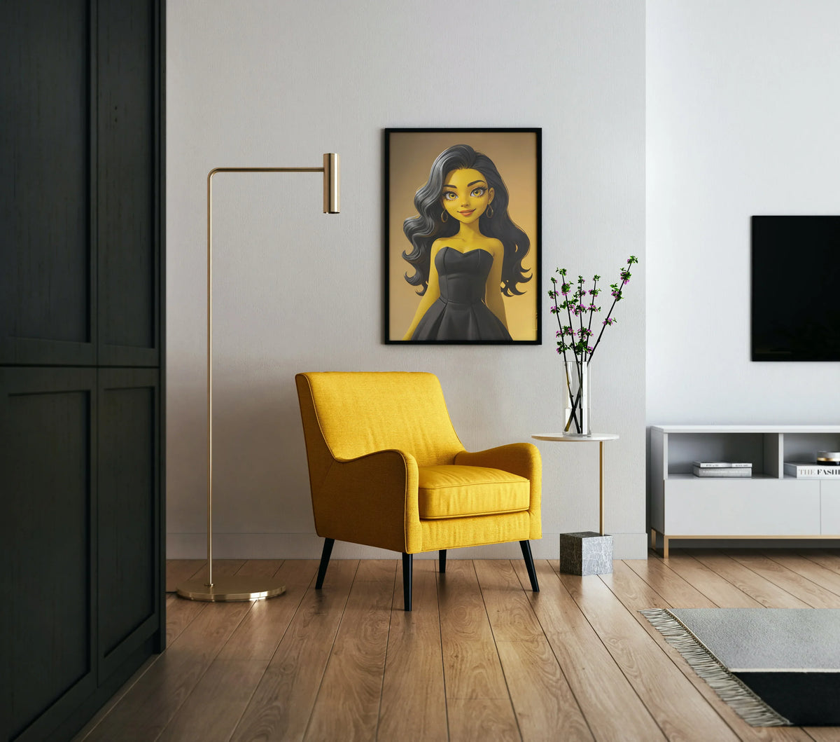 Custom Anime A.I. Art displayed as wall decor in a stylish living room setting.