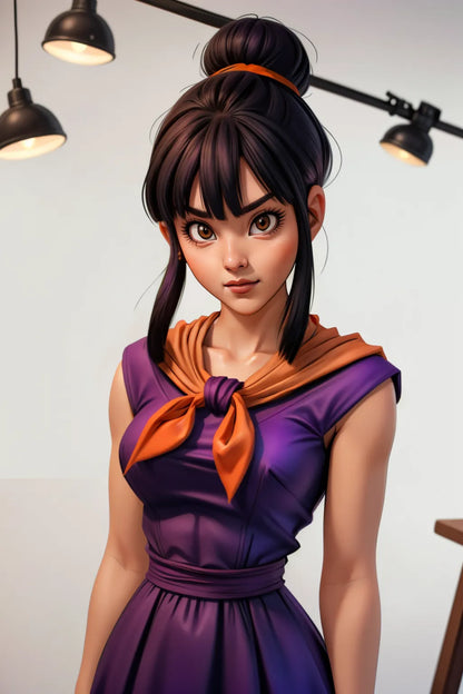 Anime-style digital artwork of a young woman in a purple dress with orange scarf, inspired by Dragon Ball Z, created using custom A.I. technology.