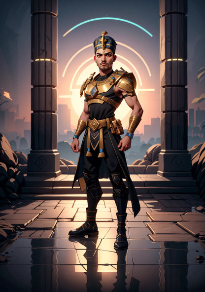 Custom A.I. Art depicting a pharaoh in regal attire with golden crown and hieroglyphic background.