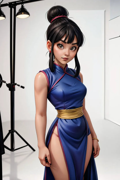 Custom anime-style art featuring a character with dark hair in a blue dress, created by A.I. for fans of styles like Dragon Ball.