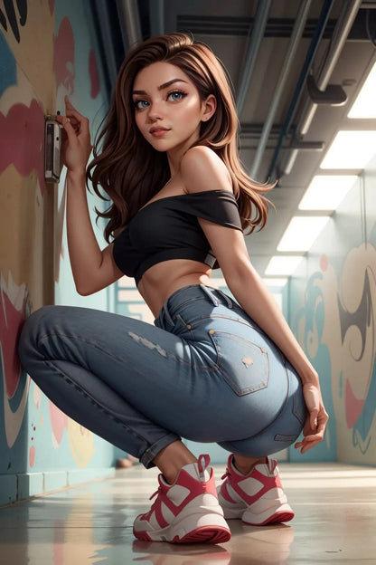Custom A.I. art featuring model posing in denim jeans.
