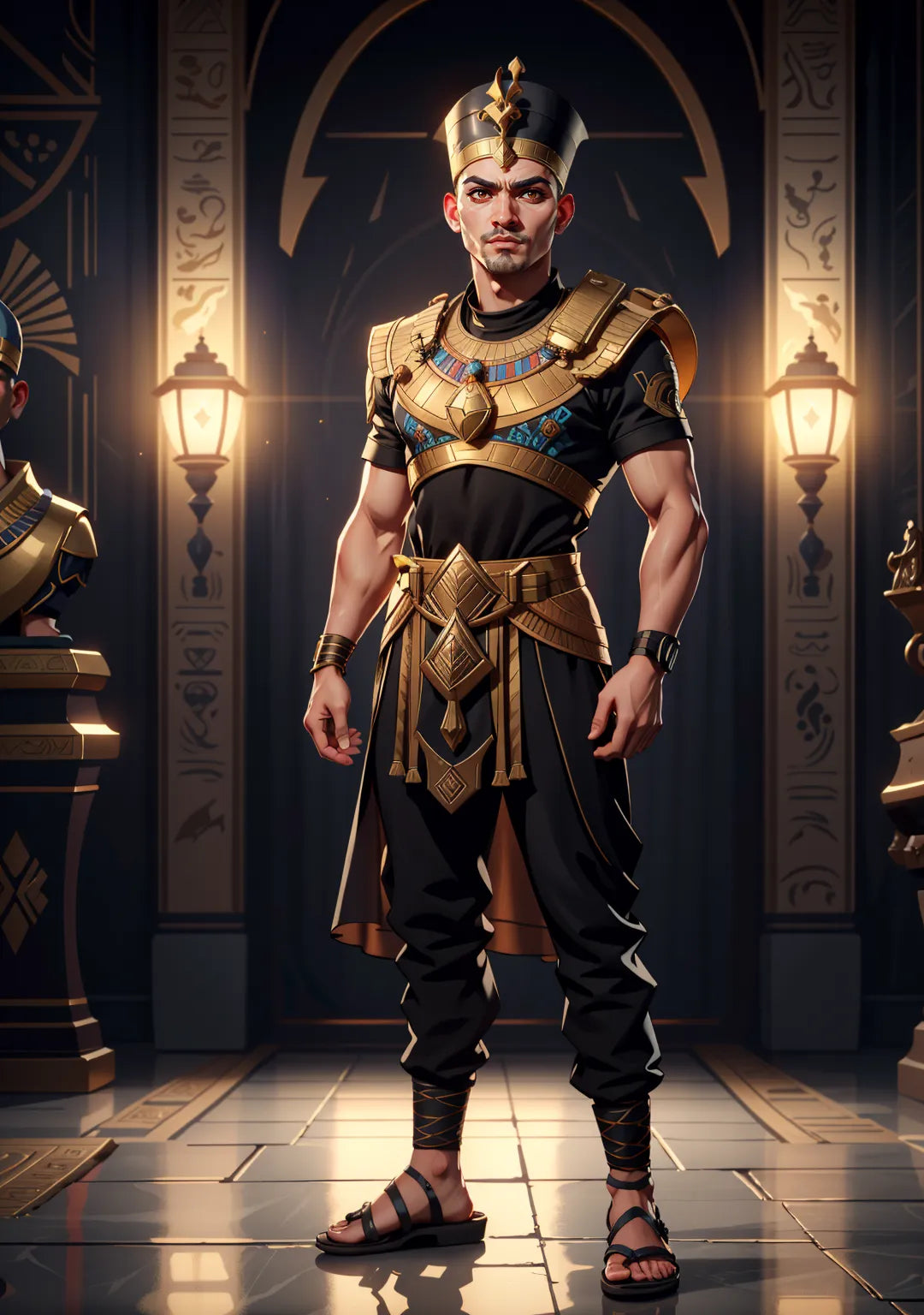 A majestic depiction of a modern Pharaoh in regal attire, featuring a golden crown and a hieroglyphic background.