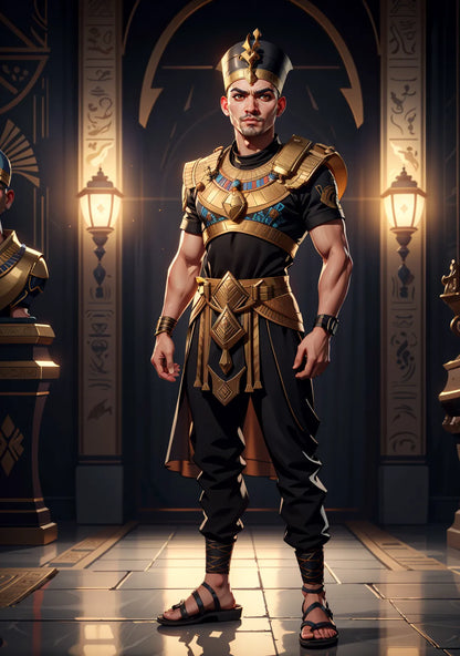 A majestic depiction of a modern Pharaoh in regal attire, featuring a golden crown and a hieroglyphic background.