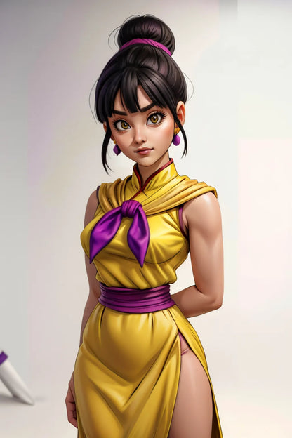 AI-generated anime art featuring a character in a yellow and purple outfit, perfect for custom wall decor or social media.