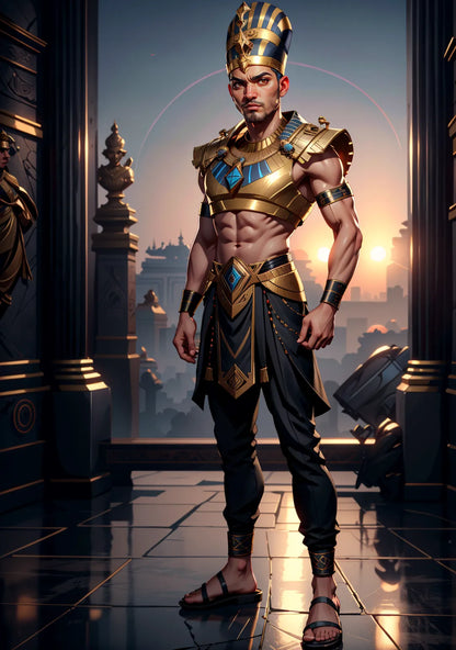 A.I. generated digital art of a muscular man as an Ancient Egyptian pharaoh with a golden crown and regal attire, set against a hieroglyphic background.