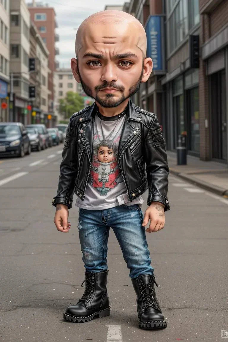 Custom A.I. art character with a large head in street style attire, showcasing imaginative design.