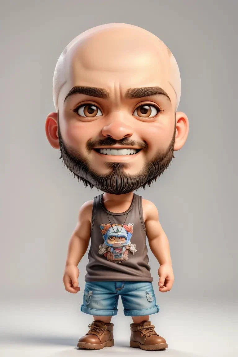 Custom A.I. Art featuring a stylized character with a large head and cheerful expression, wearing a graphic tank top and shorts.