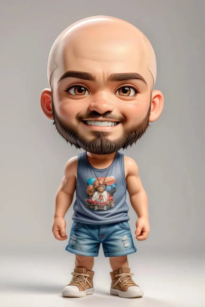 Custom A.I. art cartoon character with bald head and beard, wearing a tank top and denim shorts.