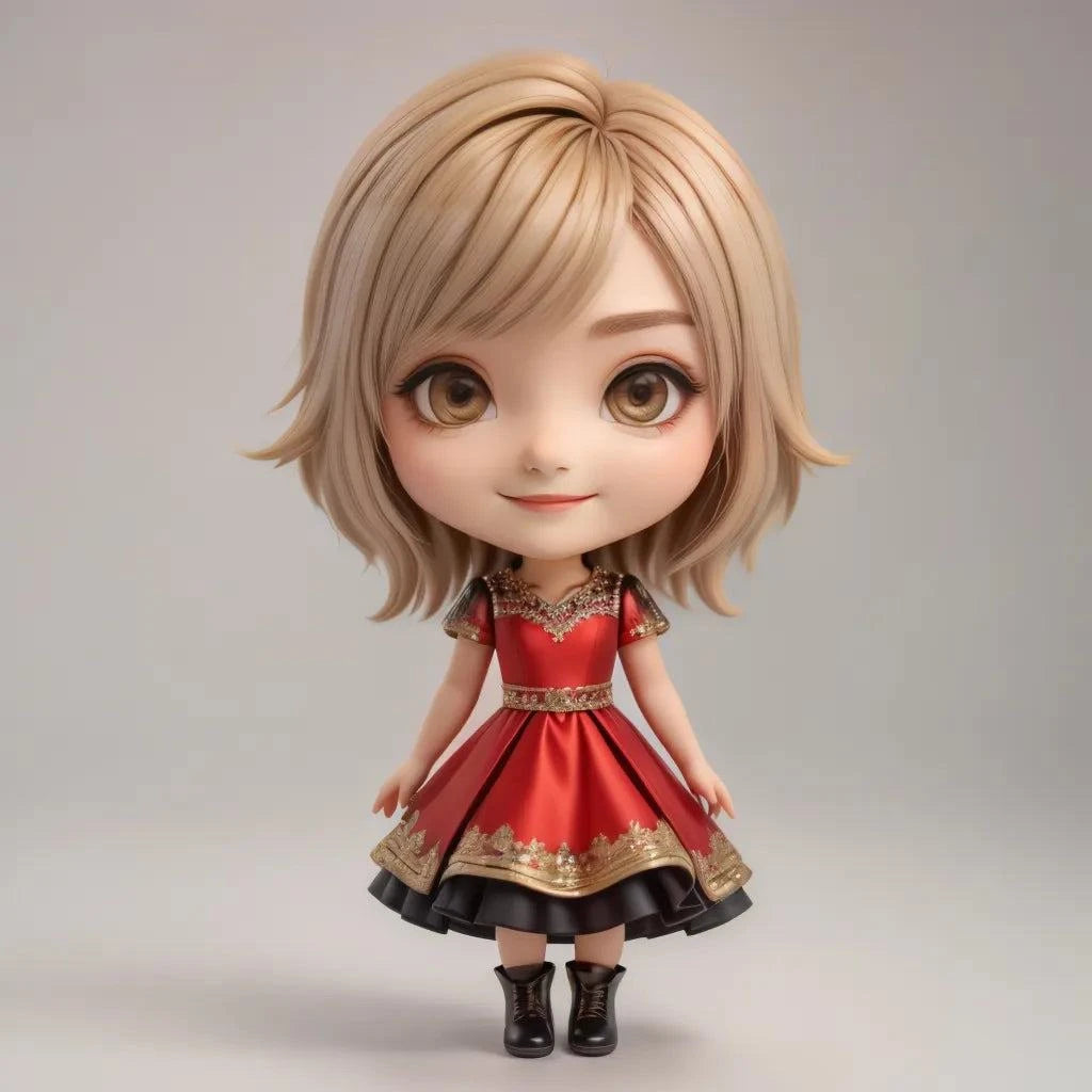 Anime-style doll-like character with big head, small body, wearing a red dress.