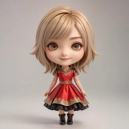 Anime-style doll-like character with big head, small body, wearing a red dress.