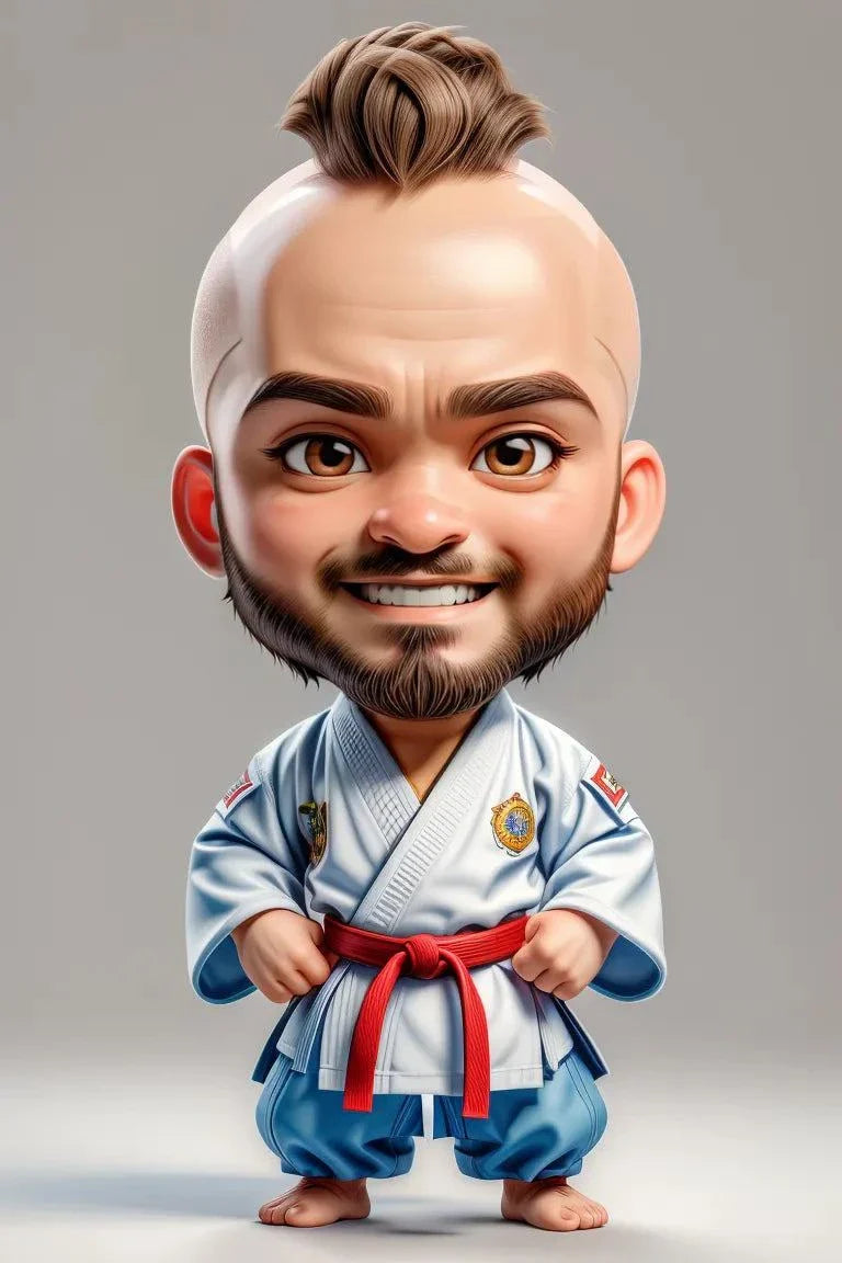 Custom A.I. art digital design of a smiling man in a martial arts uniform with a red belt.