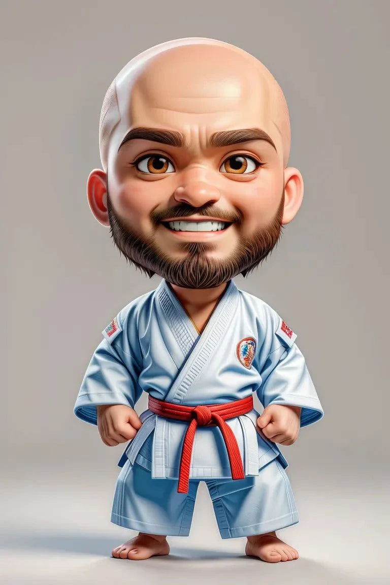custom A.I. art of a smiling man in martial arts uniform with a bright red belt