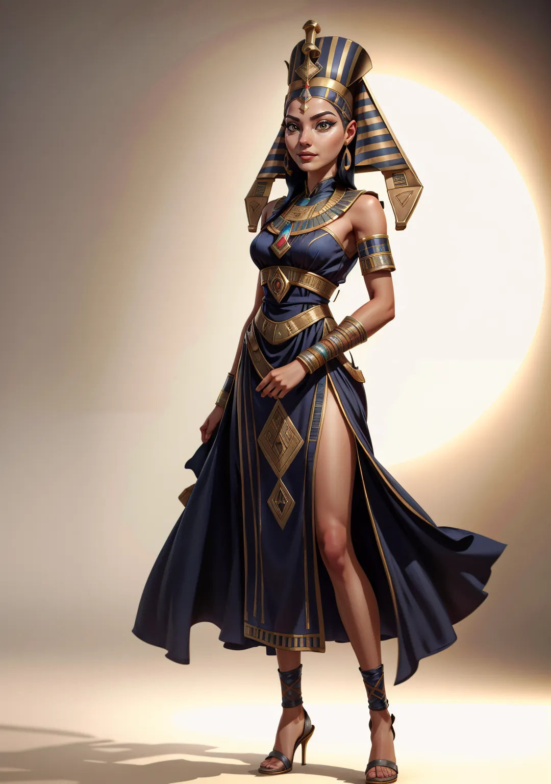 Ancient Egyptian Queen digital art with golden crown and regal attire.
