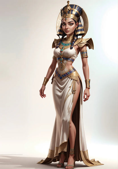 Ancient Egyptian queen digital art with golden crown and regal attire.