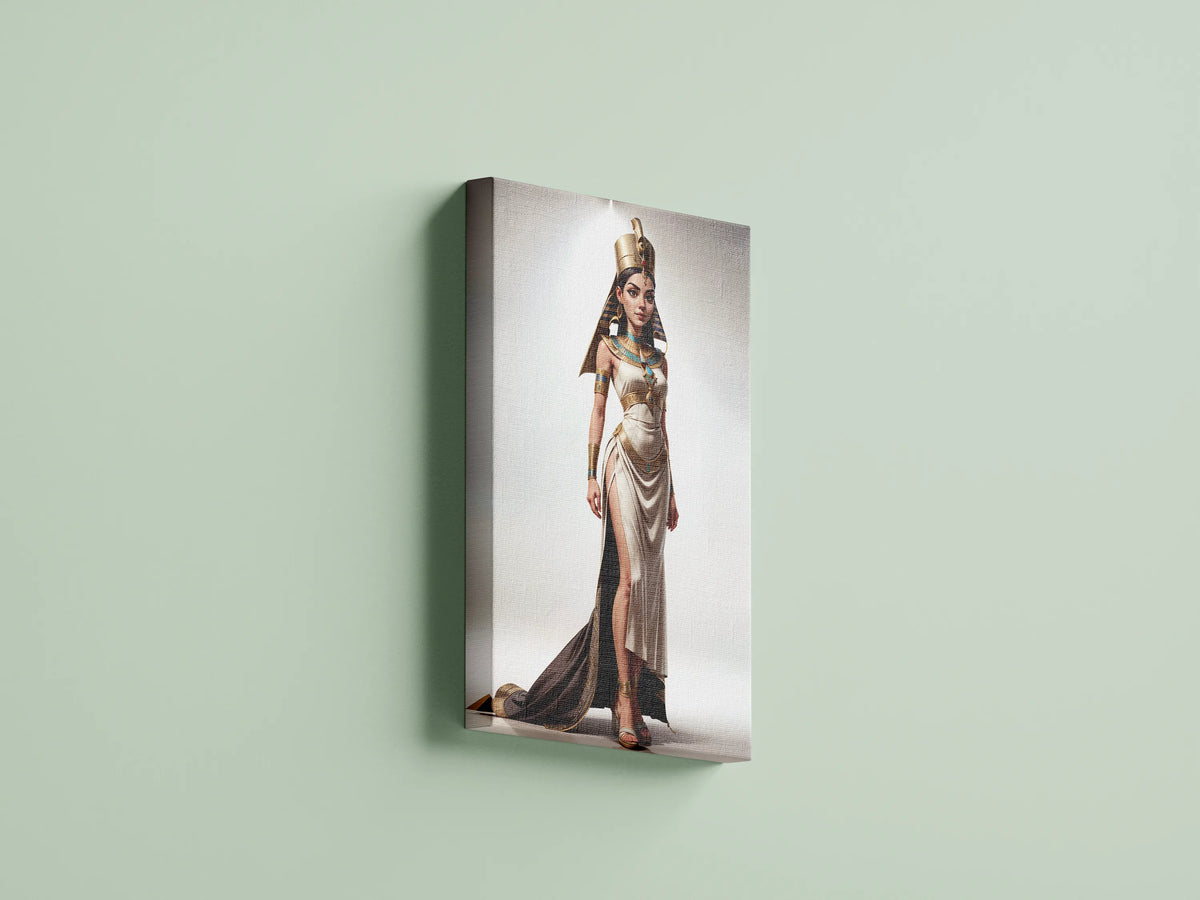 Custom Pharaoh A.I. art on canvas depicting an Ancient Egyptian queen with regal attire and golden crown.
