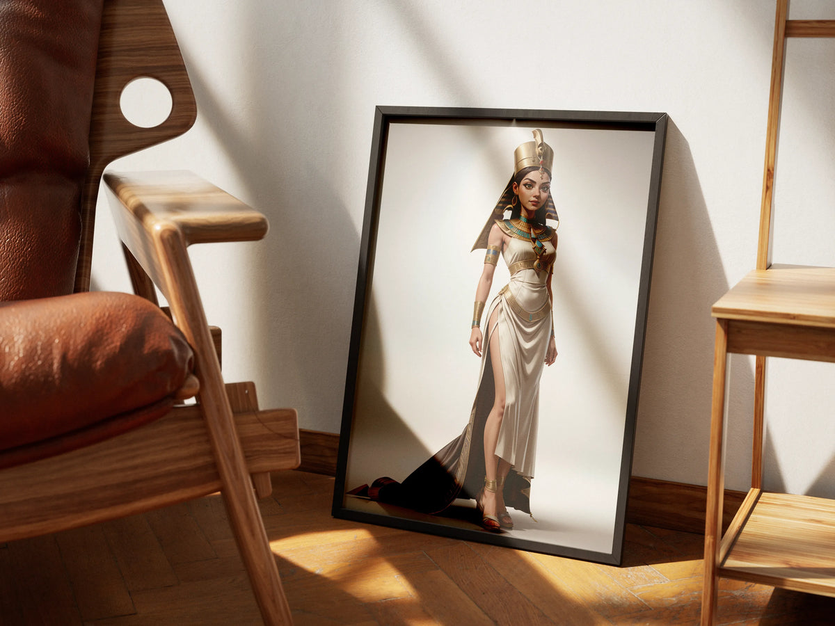 Custom Pharaoh A.I. art print featuring a woman in ancient Egyptian attire, perfect for history enthusiasts and unique decor.