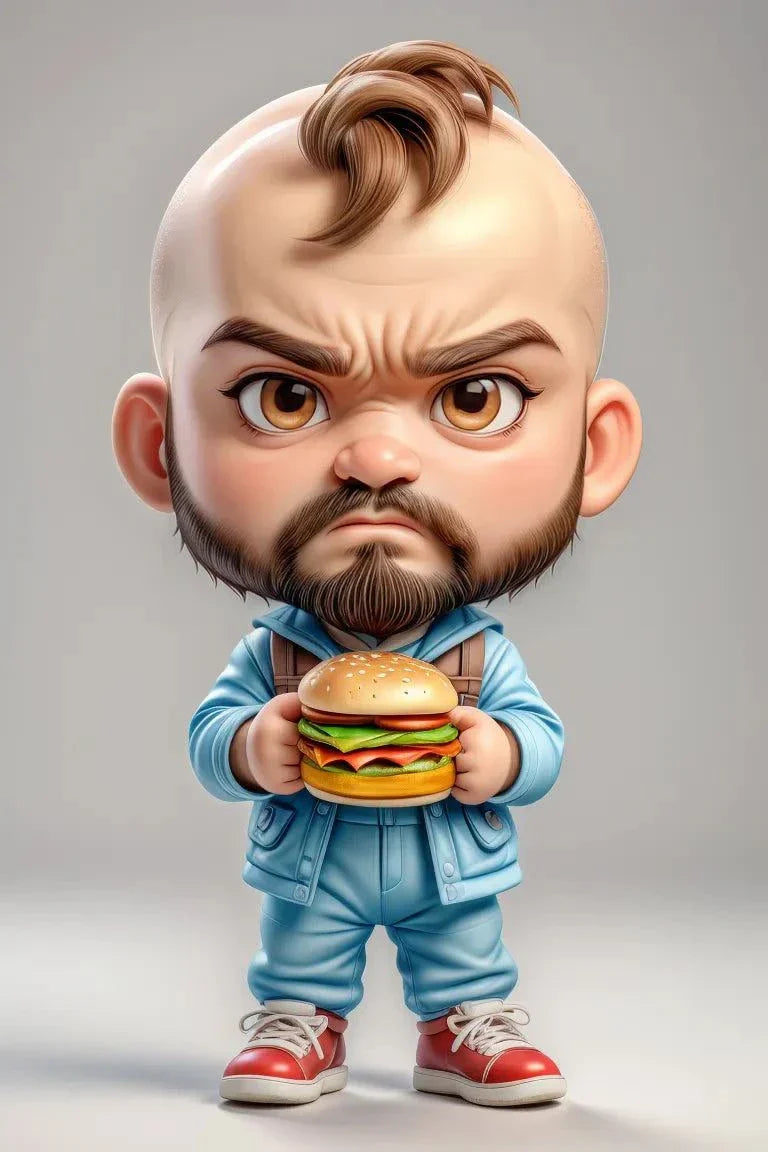Stylized cartoon figure holding burger, custom A.I. art design.