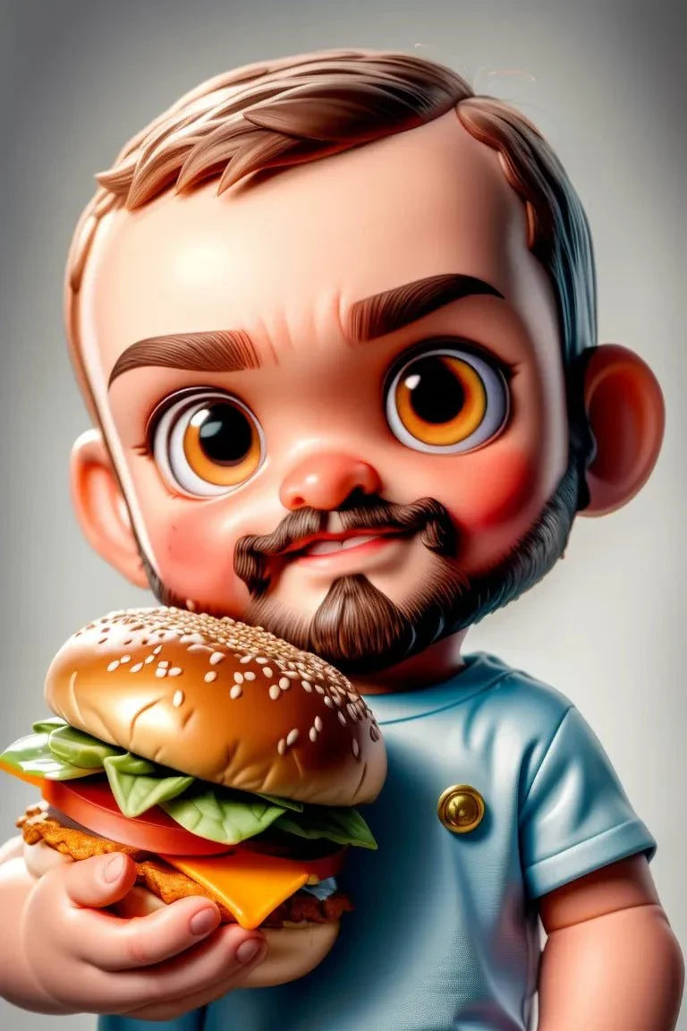Custom A.I. art depicting a cartoon boy with big eyes holding a burger.