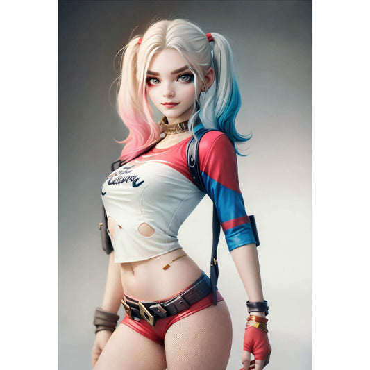Custom superhero AI digital art featuring a female character with colorful hair and costume.