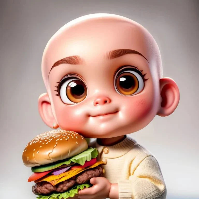 Custom A.I. art of a baby holding a large, colorful hamburger.