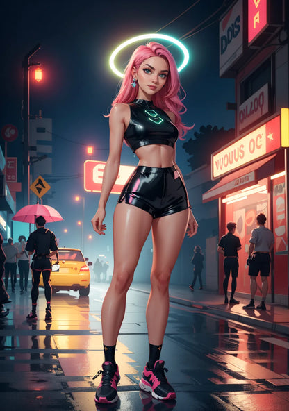 Cyberpunk-themed A.I. art of a futuristic character in neon-lit urban setting.