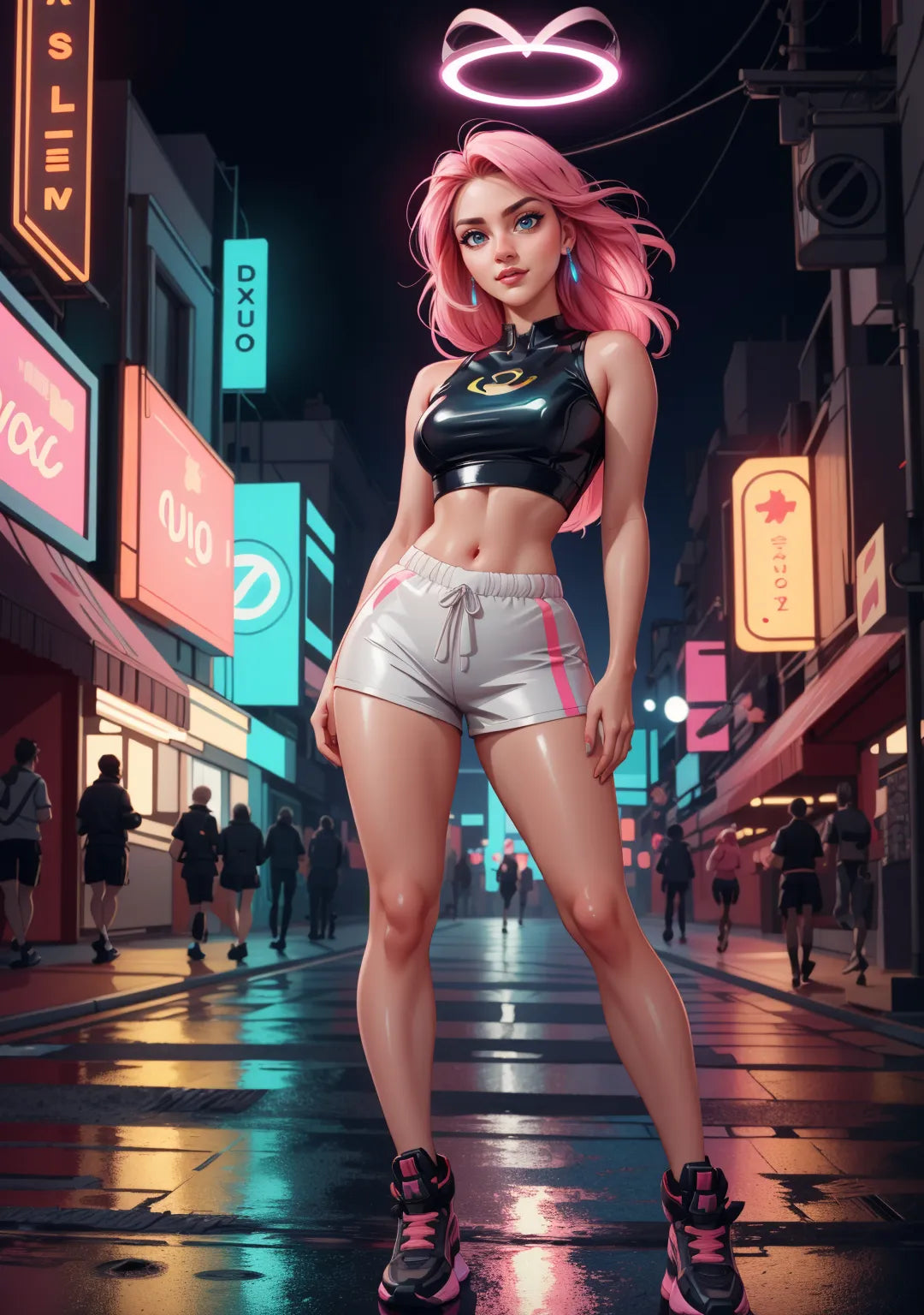 Futuristic cyberpunk art featuring vibrant neon colors and high-tech aesthetics.