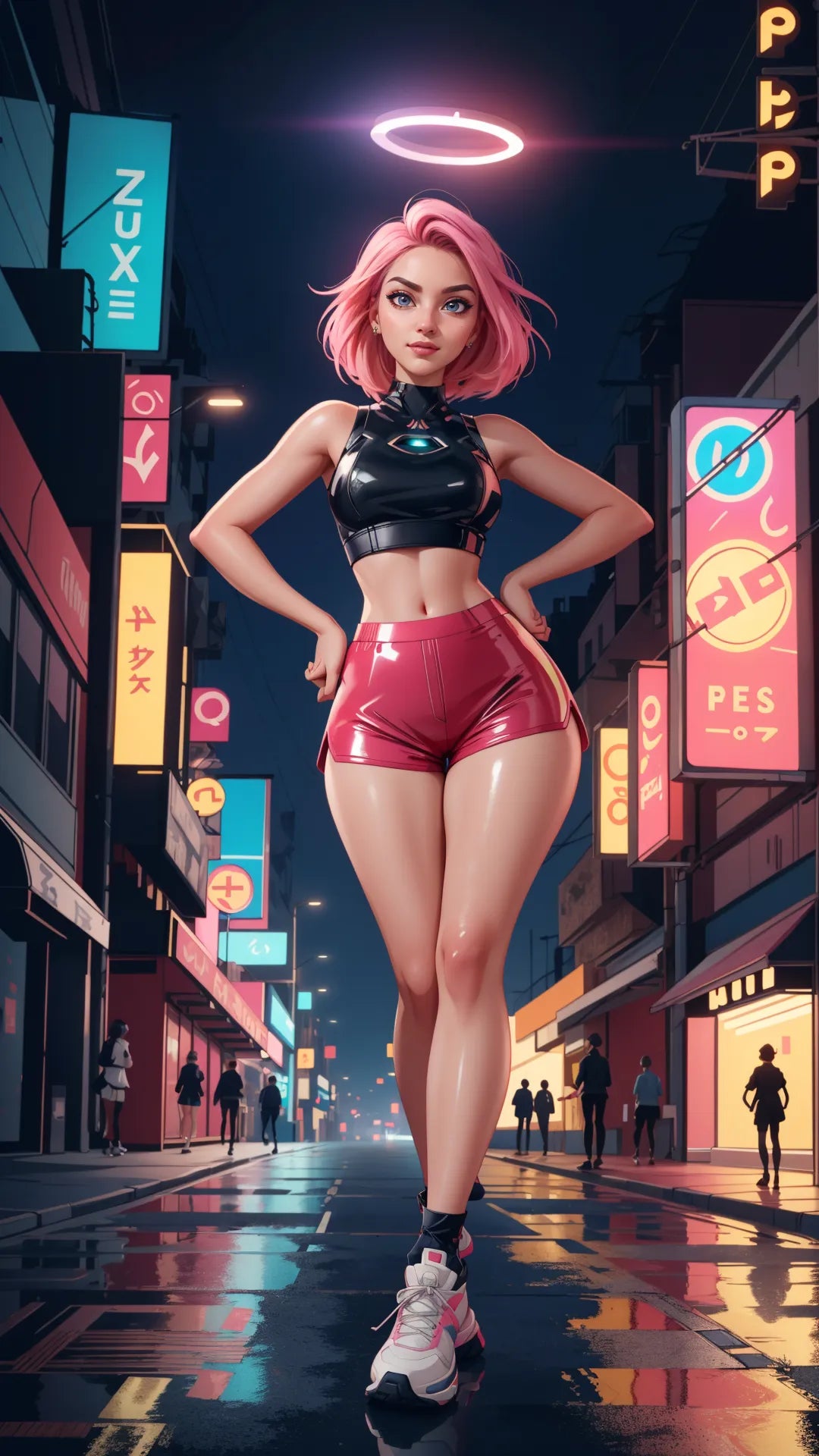 Futuristic cyberpunk artwork with vibrant neon lights and digital design.