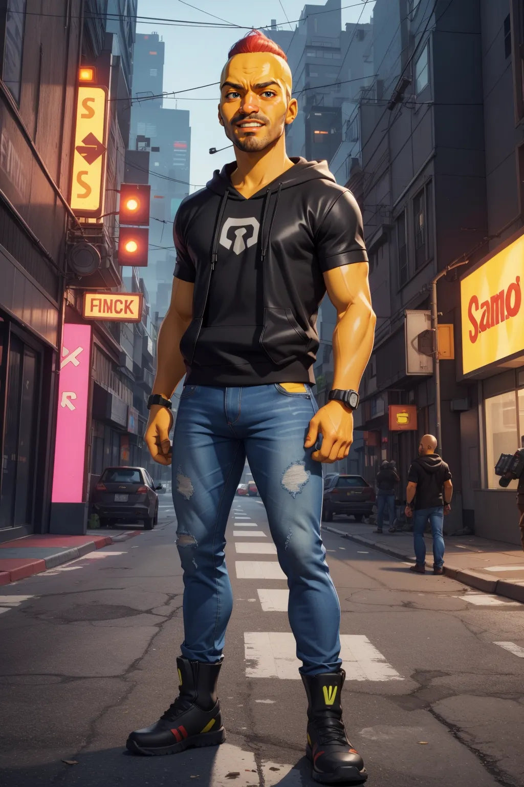 anime-inspired street scene with character in urban attire