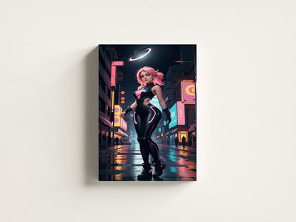 Futuristic art canvas depicting a cyberpunk character in neon cityscape.