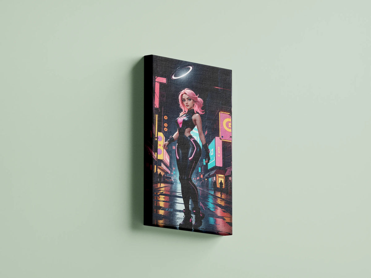 Futuristic cyberpunk digital art featuring a character in vibrant neon colors on canvas.