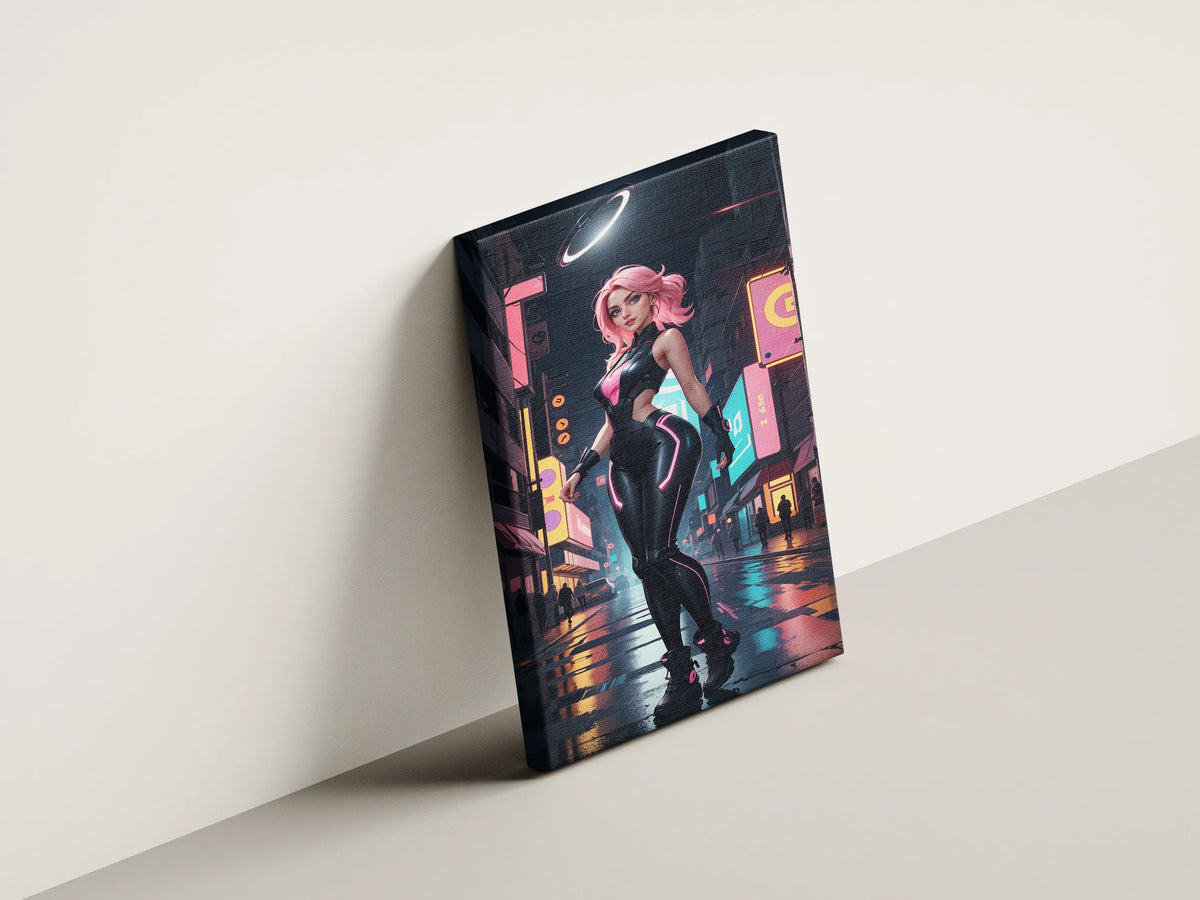 Futuristic digital art canvas with cyberpunk style, featuring neon colors and high-tech design.