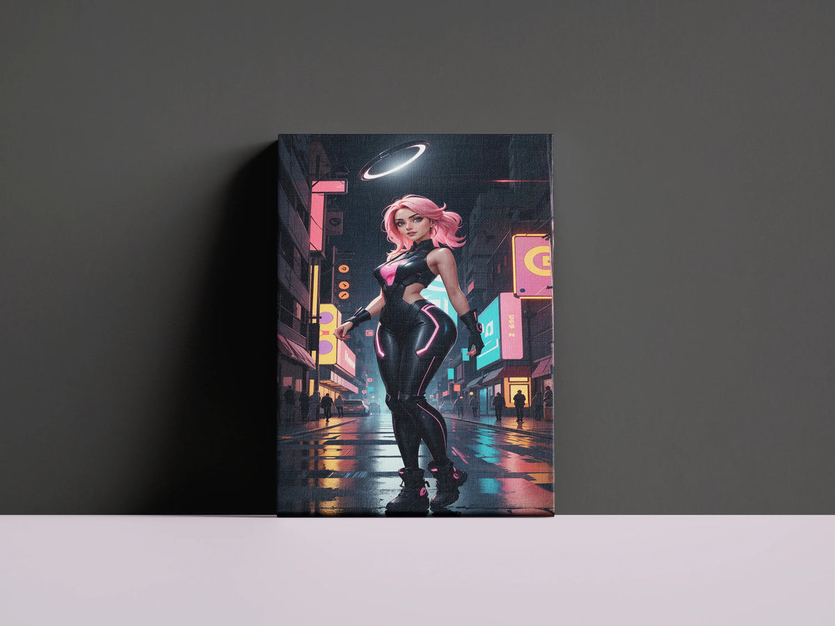 Futuristic A.I. art on canvas displaying a cyberpunk character in neon colors.
