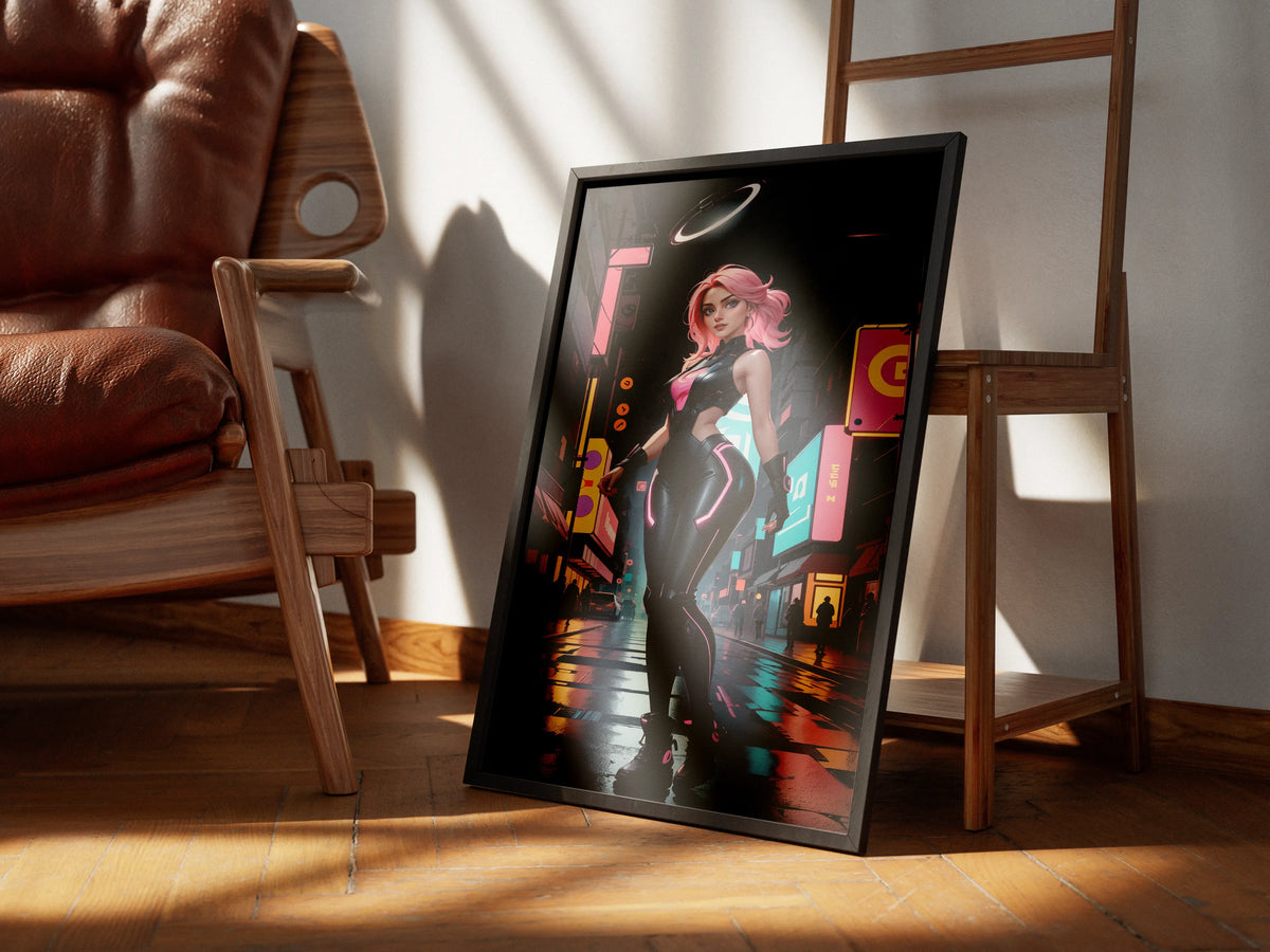 Futuristic A.I. digital art print with cyberpunk style, vibrant neon colors, and high-tech design.