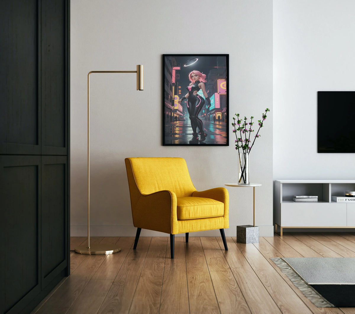 Modern living room featuring a framed cyberpunk art piece above a yellow armchair, showcasing futuristic digitalized design.