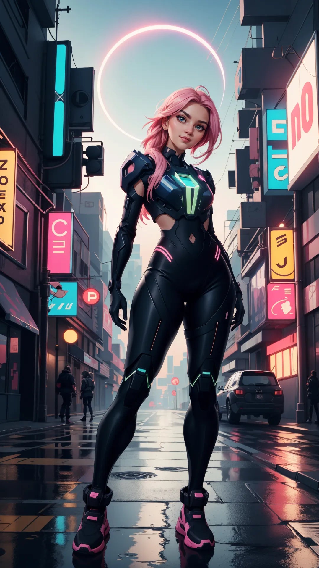 Futuristic art depicting a woman in high-tech cyberpunk attire with vibrant neon elements, set in a neon-lit urban environment.